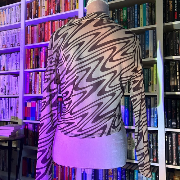 Light + dark brown zebra print see-through mesh trippy button up collared shirt - Picture 3 of 5